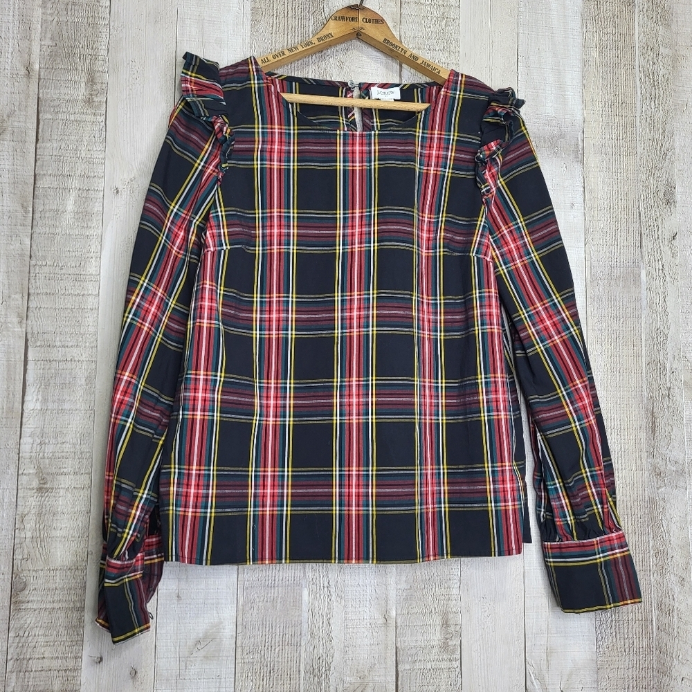 J.CREW Plaid Ruffle Shoulder Women's Top. Black & Red. Size Small